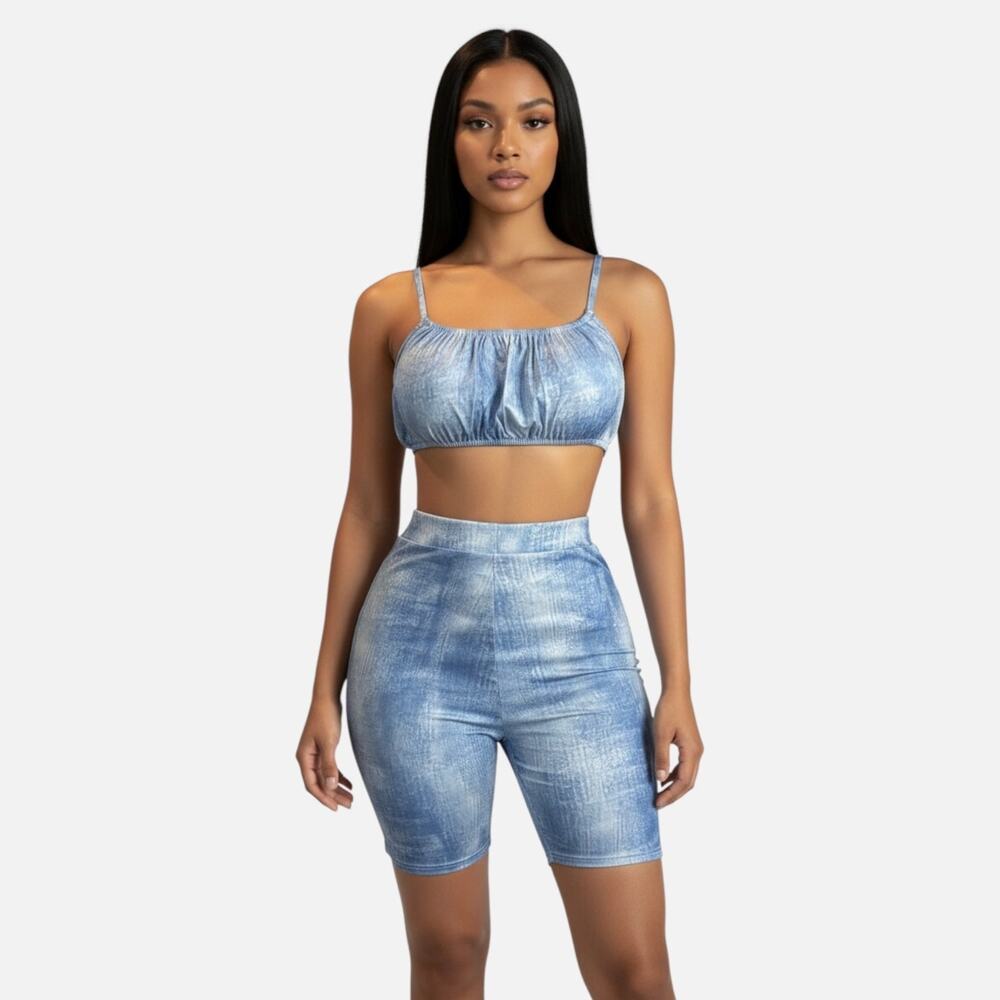 High-waisted Two Piece Blue Short Set